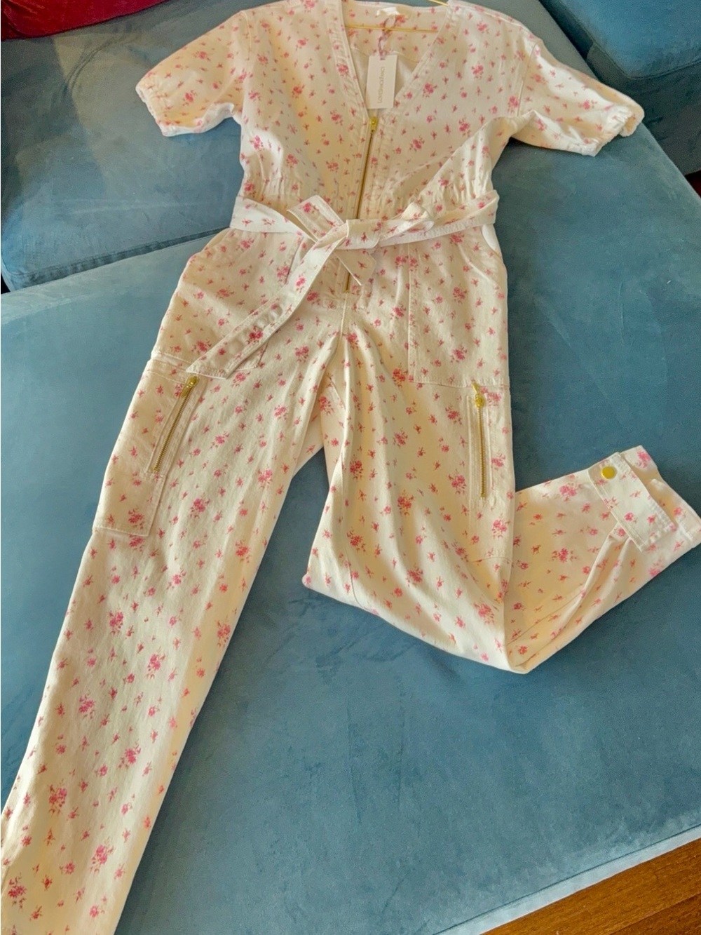 LoveShackFancy Cream Jumpsuit with Pink Floral Print